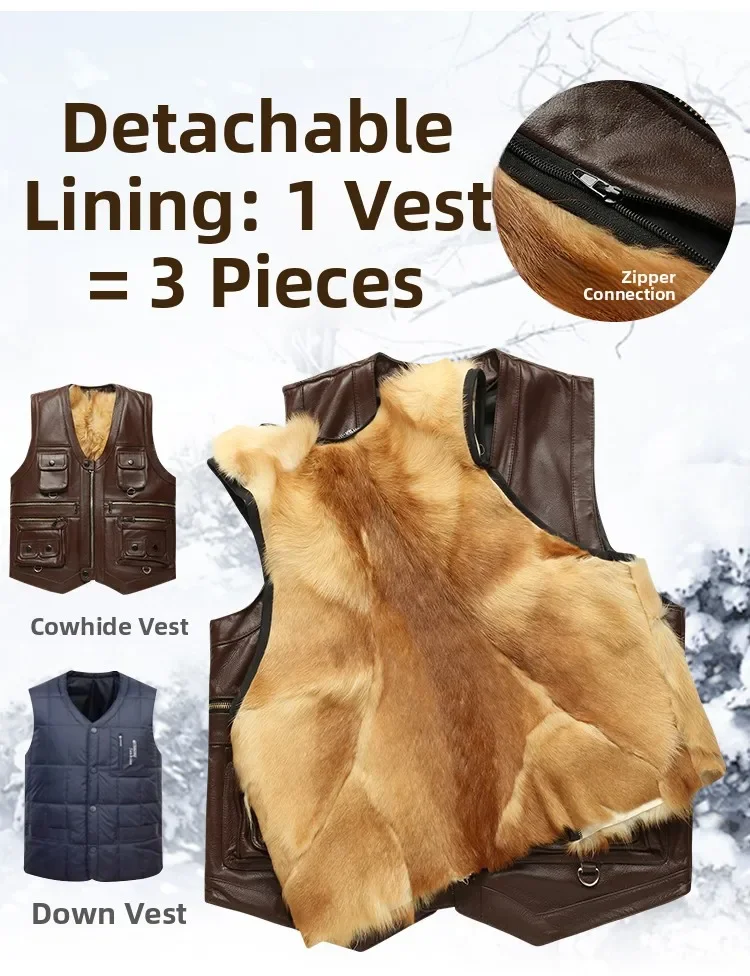 Genuine Leather Vest Men's Mid-Aged Autumn Winter Top Layer Cowhide Multi-Pocket Casual Father's Style Winter WarmthYY33