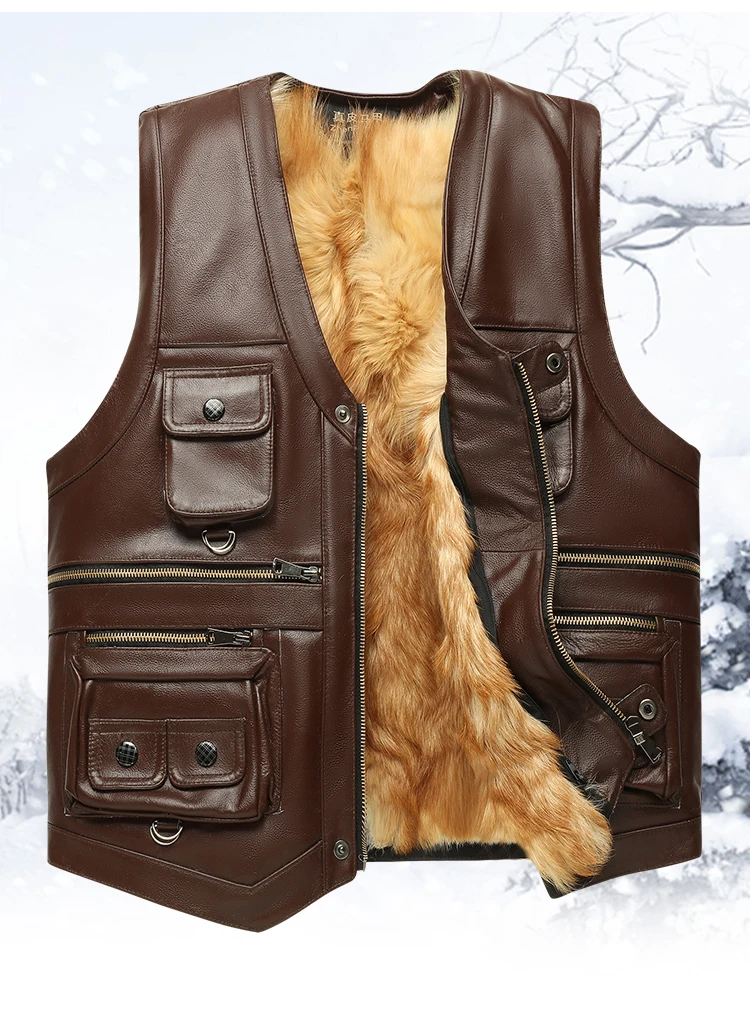 Genuine Leather Vest Men's Mid-Aged Autumn Winter Top Layer Cowhide Multi-Pocket Casual Father's Style Winter WarmthYY33