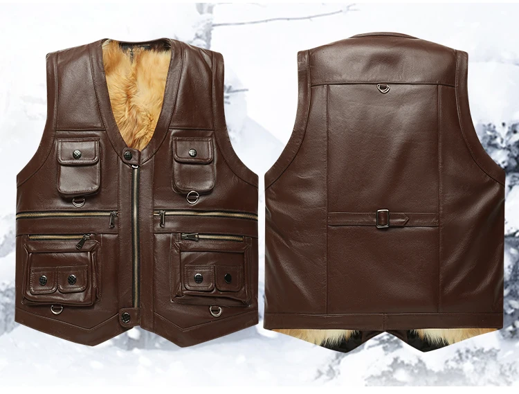 Genuine Leather Vest Men's Mid-Aged Autumn Winter Top Layer Cowhide Multi-Pocket Casual Father's Style Winter WarmthYY33