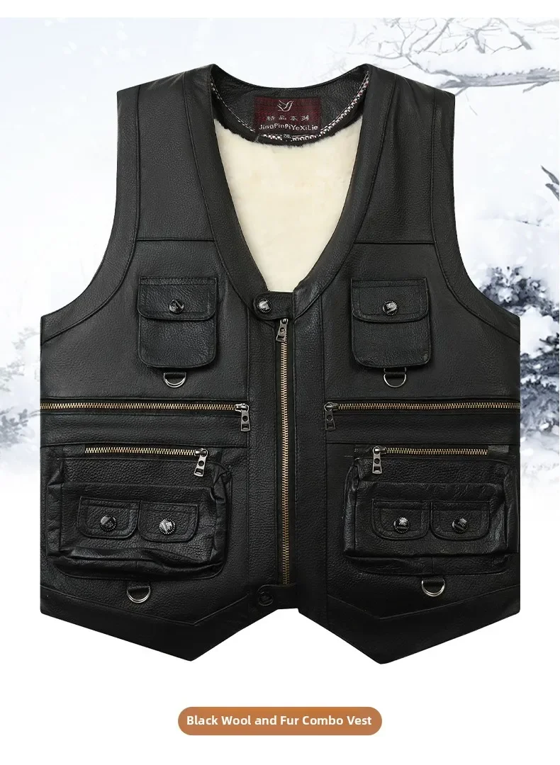 Genuine Leather Vest Men's Mid-Aged Autumn Winter Top Layer Cowhide Multi-Pocket Casual Father's Style Winter WarmthYY33