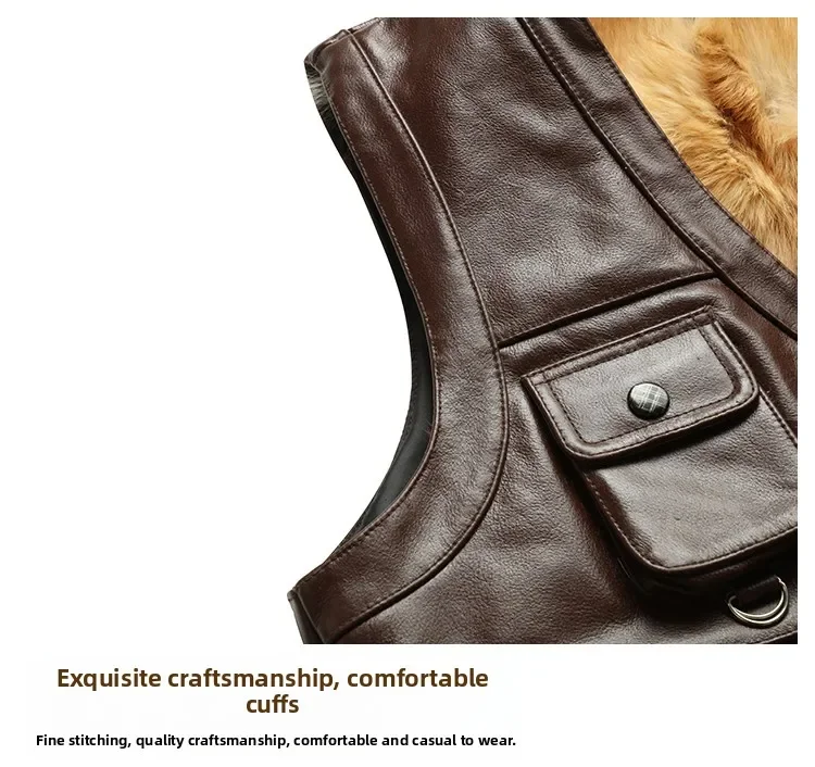 Genuine Leather Vest Men's Mid-Aged Autumn Winter Top Layer Cowhide Multi-Pocket Casual Father's Style Winter WarmthYY33