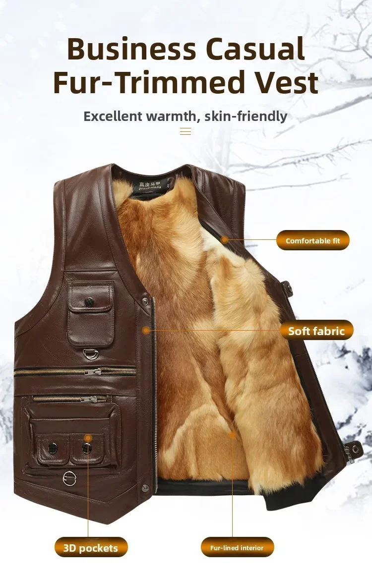 Genuine Leather Vest Men's Mid-Aged Autumn Winter Top Layer Cowhide Multi-Pocket Casual Father's Style Winter WarmthYY33