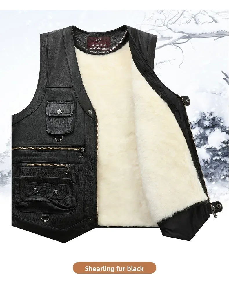 Genuine Leather Vest Men's Mid-Aged Autumn Winter Top Layer Cowhide Multi-Pocket Casual Father's Style Winter WarmthYY33