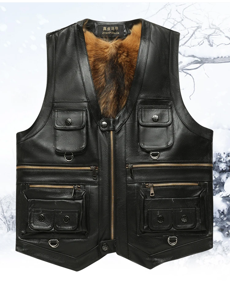 Genuine Leather Vest Men's Mid-Aged Autumn Winter Top Layer Cowhide Multi-Pocket Casual Father's Style Winter WarmthYY33