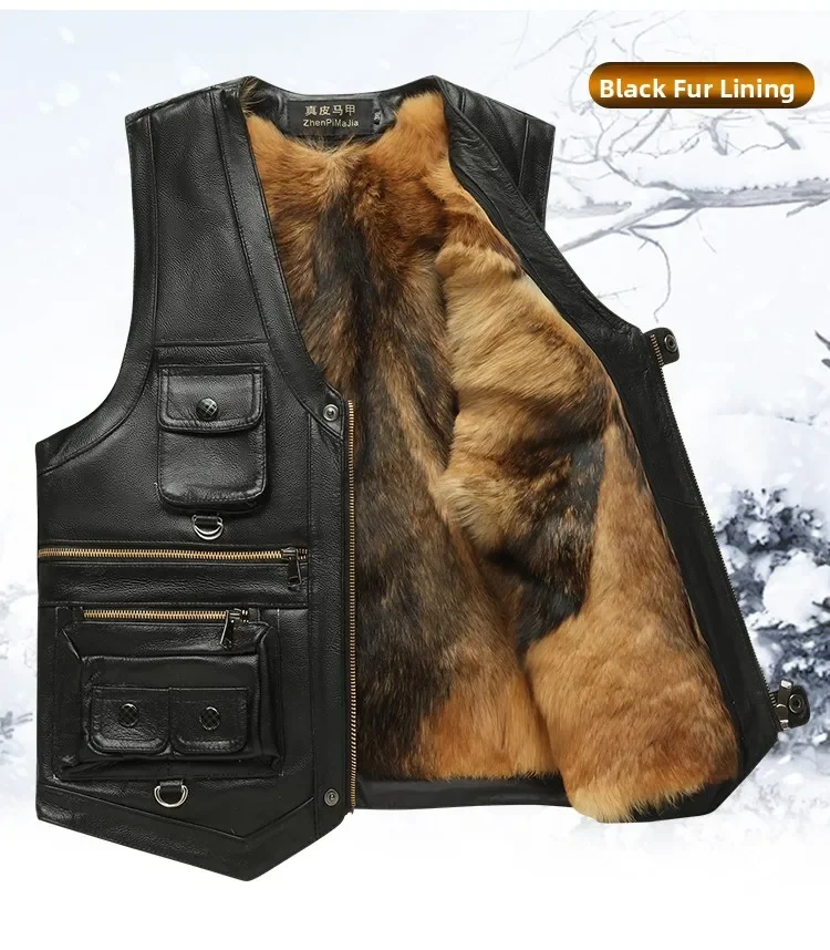 Genuine Leather Vest Men's Mid-Aged Autumn Winter Top Layer Cowhide Multi-Pocket Casual Father's Style Winter WarmthYY33