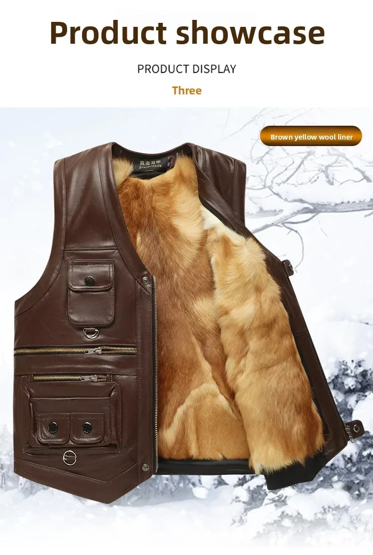 Genuine Leather Vest Men's Mid-Aged Autumn Winter Top Layer Cowhide Multi-Pocket Casual Father's Style Winter WarmthYY33