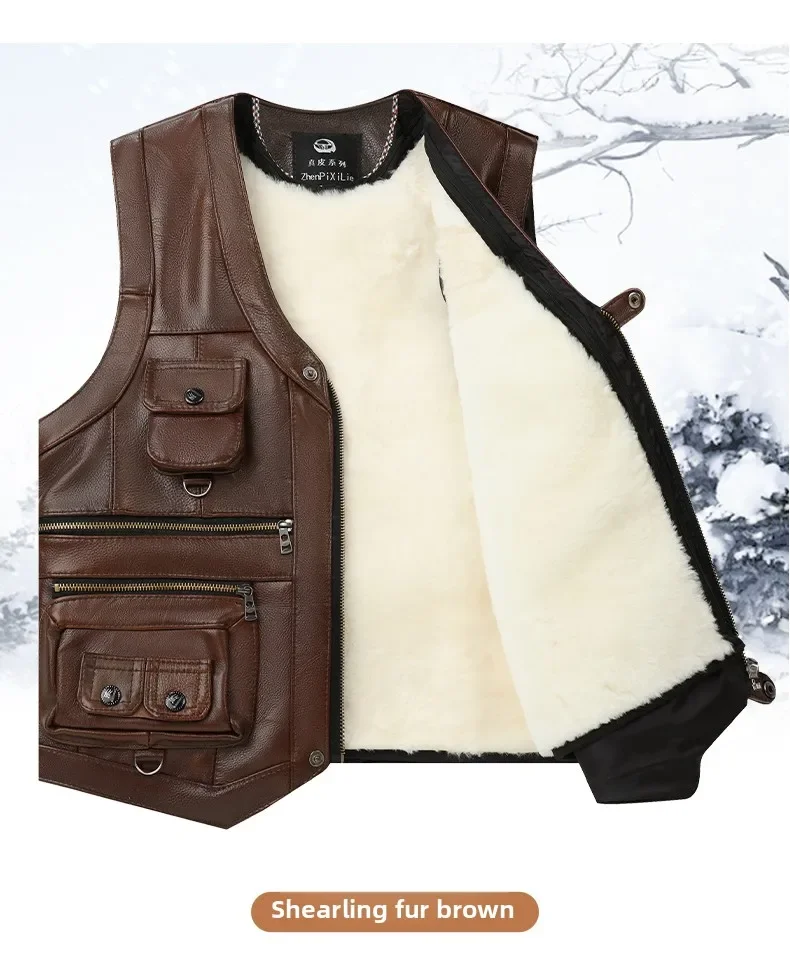 Genuine Leather Vest Men's Mid-Aged Autumn Winter Top Layer Cowhide Multi-Pocket Casual Father's Style Winter WarmthYY33