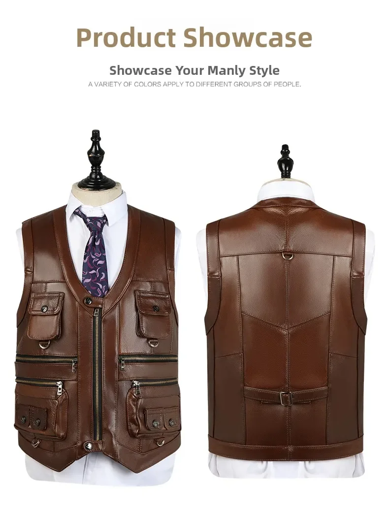 Genuine Leather Vest Men's Mid-Aged Autumn Winter Top Layer Cowhide Multi-Pocket Casual Father's Style Winter WarmthYY33