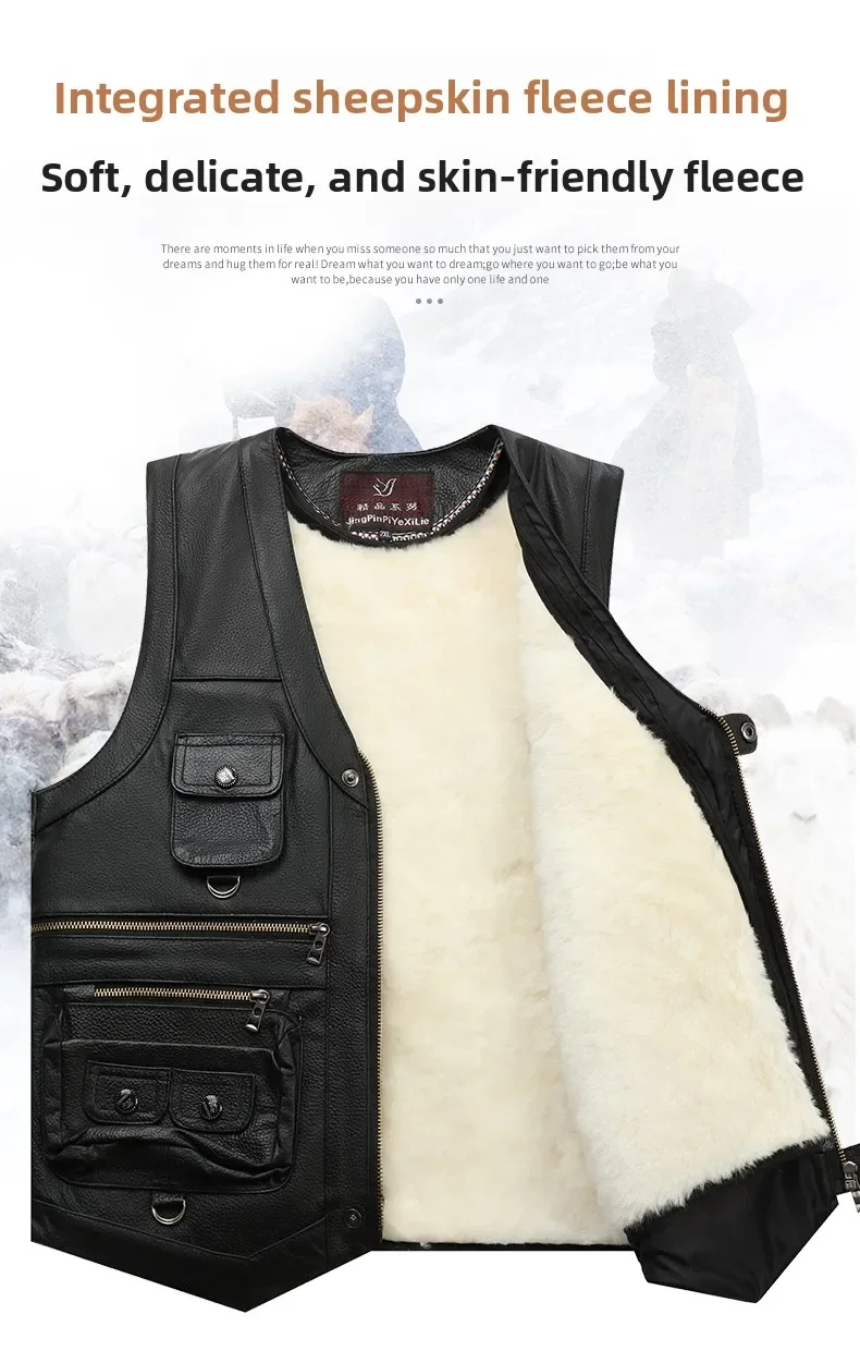 Genuine Leather Vest Men's Mid-Aged Autumn Winter Top Layer Cowhide Multi-Pocket Casual Father's Style Winter WarmthYY33