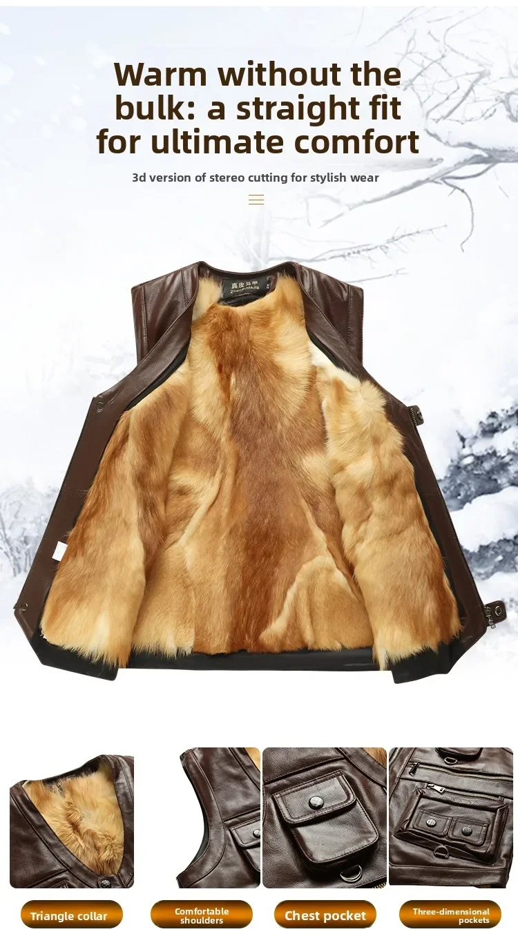 Genuine Leather Vest Men's Mid-Aged Autumn Winter Top Layer Cowhide Multi-Pocket Casual Father's Style Winter WarmthYY33