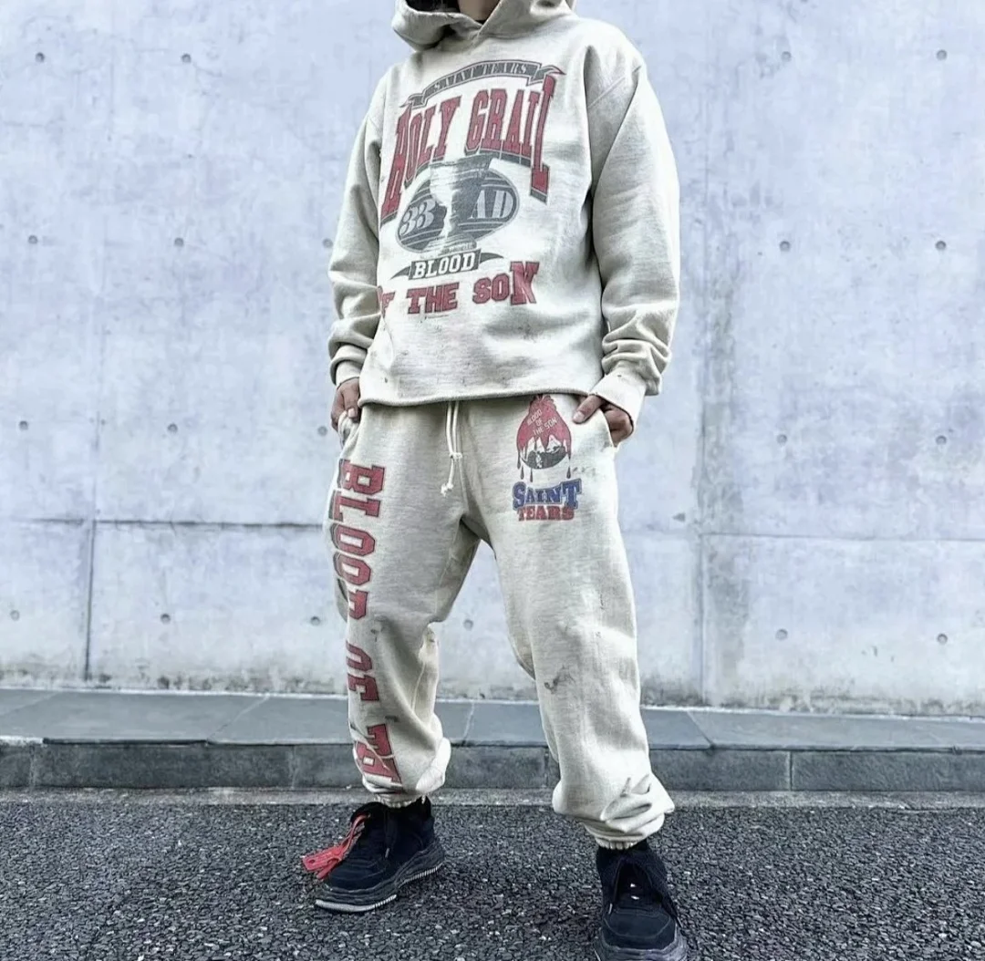 24ss Saint Washed Red Angel Printed Women Men Sweatpants Trousers Loose Fit Joggers Men Pants Sweatpants