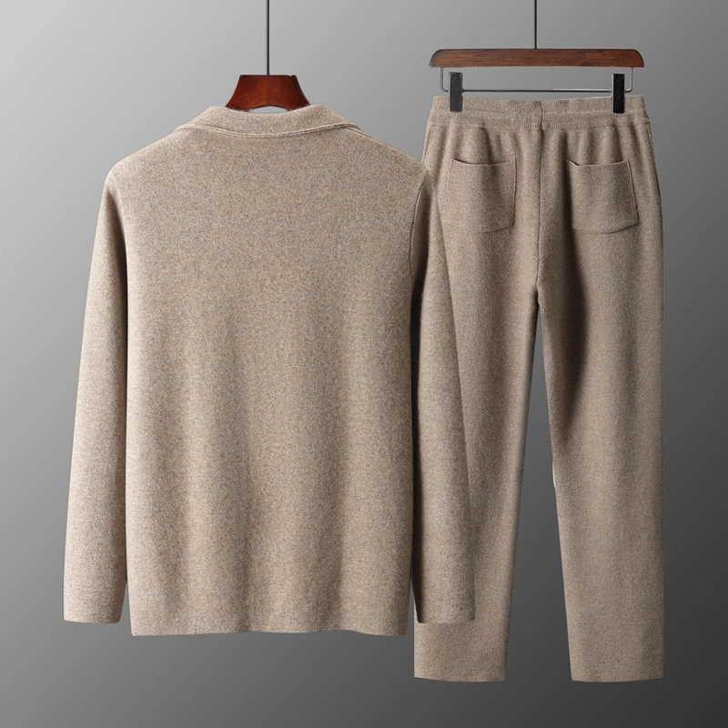 100% Merino Wool Sweater Men's Suit Collar Cardigan Pants Set Smart Casual Knitwear Autumn Winter Solid Coat Top Knit Trousers