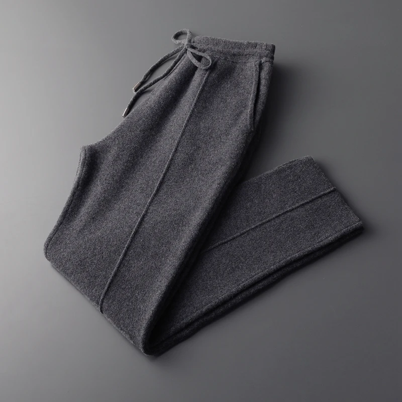 100% Merino Wool Sweater Men's Suit Collar Cardigan Pants Set Smart Casual Knitwear Autumn Winter Solid Coat Top Knit Trousers