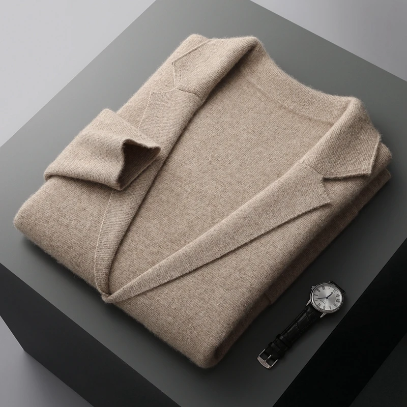 100% Merino Wool Sweater Men's Suit Collar Cardigan Pants Set Smart Casual Knitwear Autumn Winter Solid Coat Top Knit Trousers