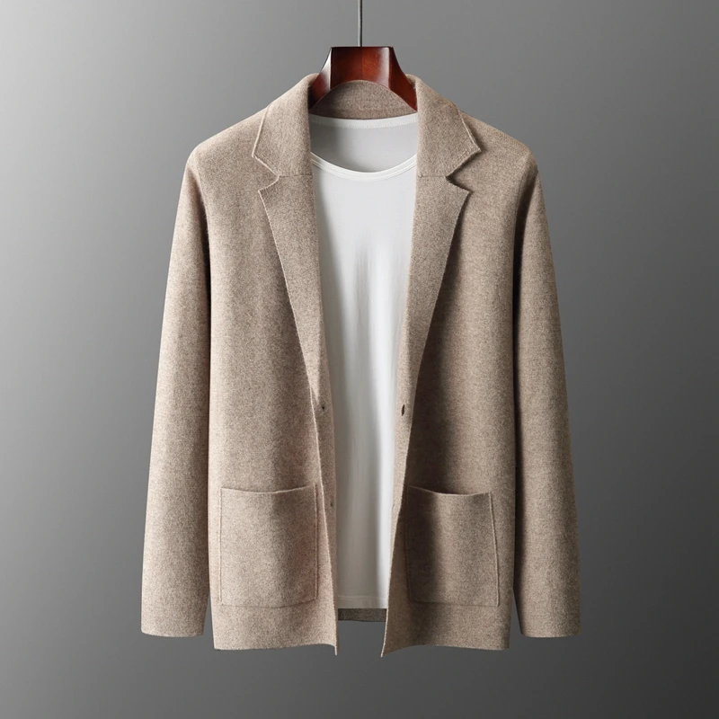 100% Merino Wool Sweater Men's Suit Collar Cardigan Pants Set Smart Casual Knitwear Autumn Winter Solid Coat Top Knit Trousers