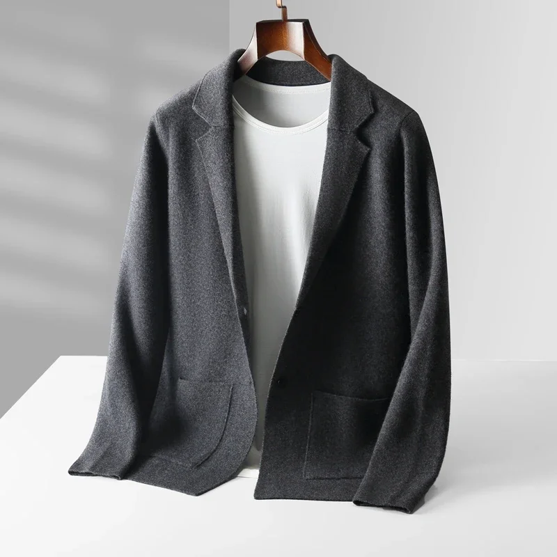 100% Merino Wool Sweater Men's Suit Collar Cardigan Pants Set Smart Casual Knitwear Autumn Winter Solid Coat Top Knit Trousers