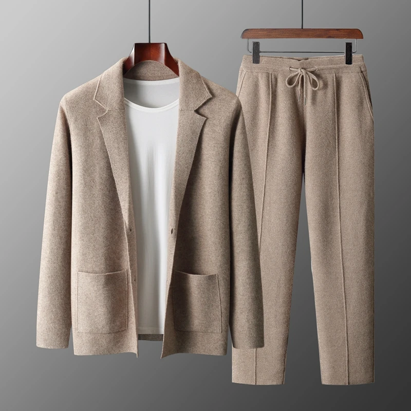 100% Merino Wool Sweater Men's Suit Collar Cardigan Pants Set Smart Casual Knitwear Autumn Winter Solid Coat Top Knit Trousers