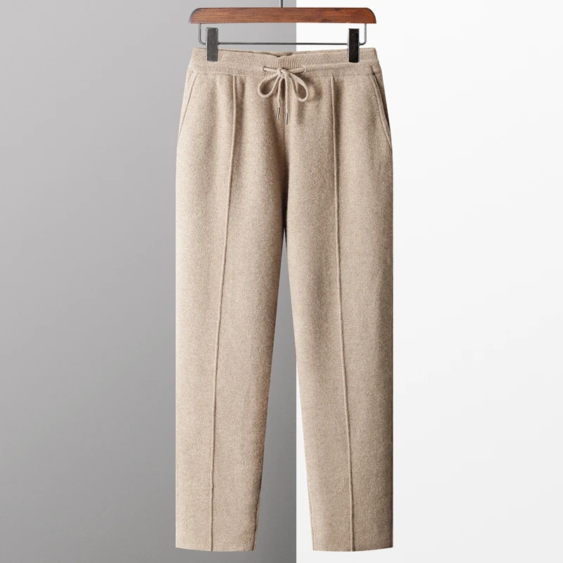 100% Merino Wool Sweater Men's Suit Collar Cardigan Pants Set Smart Casual Knitwear Autumn Winter Solid Coat Top Knit Trousers