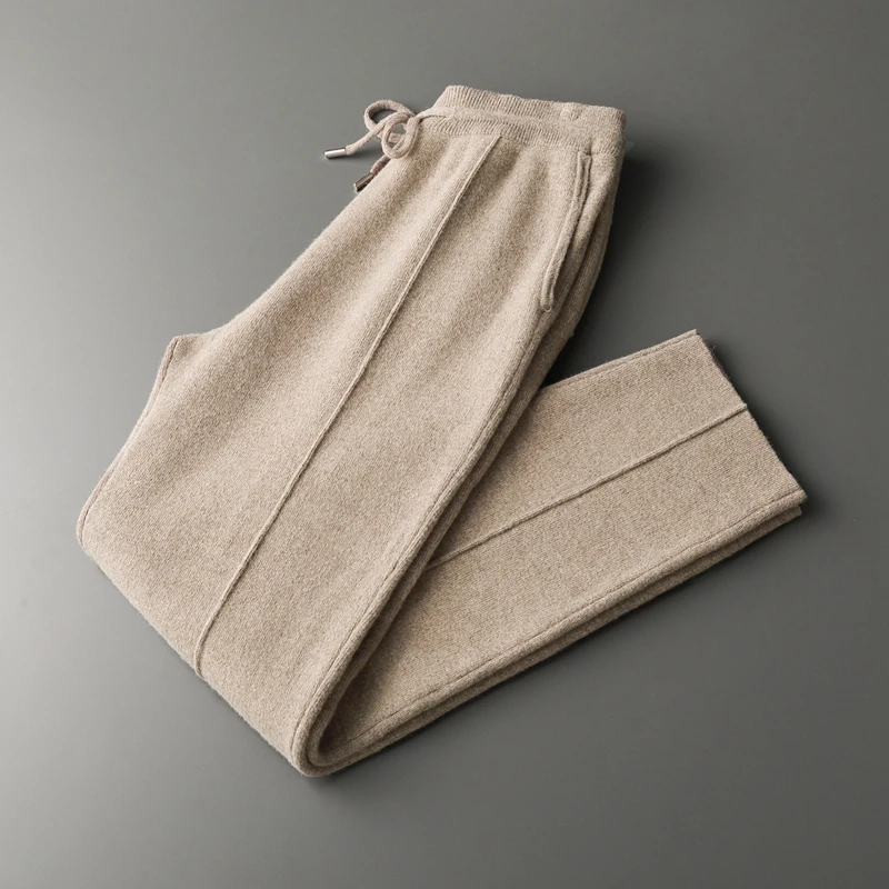 100% Merino Wool Sweater Men's Suit Collar Cardigan Pants Set Smart Casual Knitwear Autumn Winter Solid Coat Top Knit Trousers