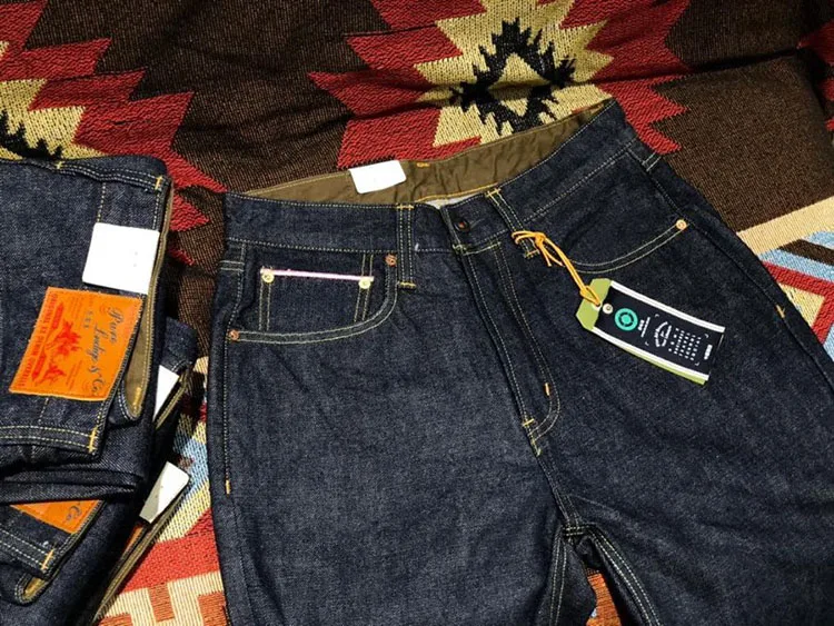 14oz 100% Cotton Heavyweight Sakura Red Selvedge Washed Desized Denim Jeans Loose Straight American Retro Amekaji Workwear Pants