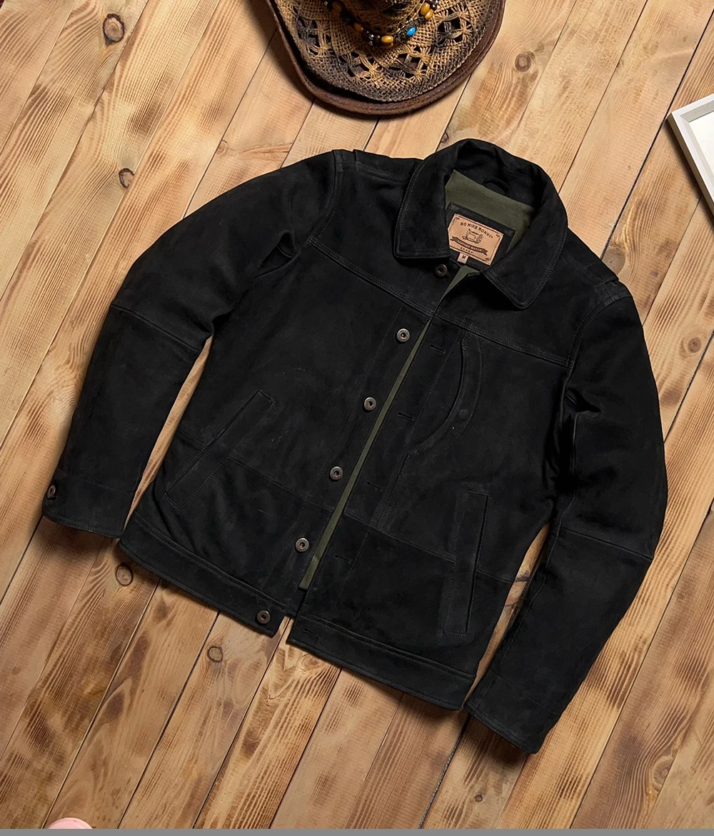 Black Winter Leather Jacket Men Retro Vintage Style Plus Size 5XL Genuine Natural Cow Suede Single Breasted Leather Coat