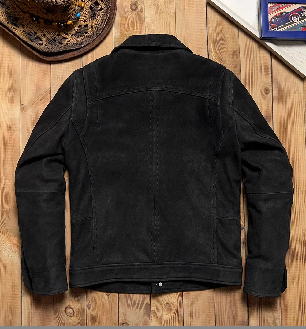 Black Winter Leather Jacket Men Retro Vintage Style Plus Size 5XL Genuine Natural Cow Suede Single Breasted Leather Coat