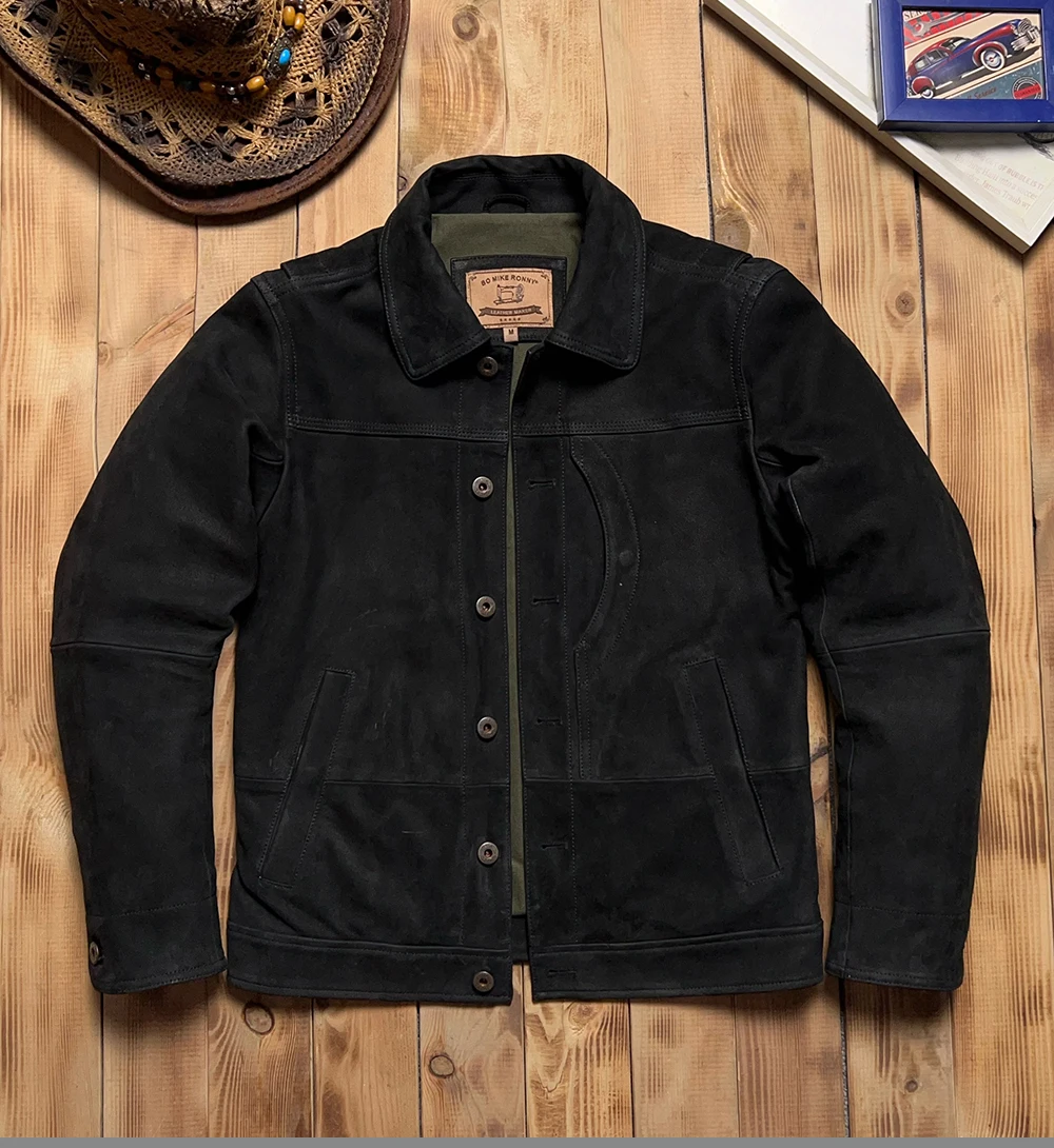 Black Winter Leather Jacket Men Retro Vintage Style Plus Size 5XL Genuine Natural Cow Suede Single Breasted Leather Coat