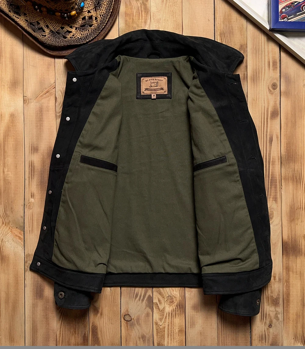 Black Winter Leather Jacket Men Retro Vintage Style Plus Size 5XL Genuine Natural Cow Suede Single Breasted Leather Coat