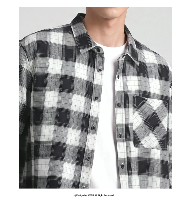 Semir Men Shirt Cotton Plaid Long Sleeve Loose Lapel Pocket Casual Style Comfortable Autumn Blouse Daily Wear 2026