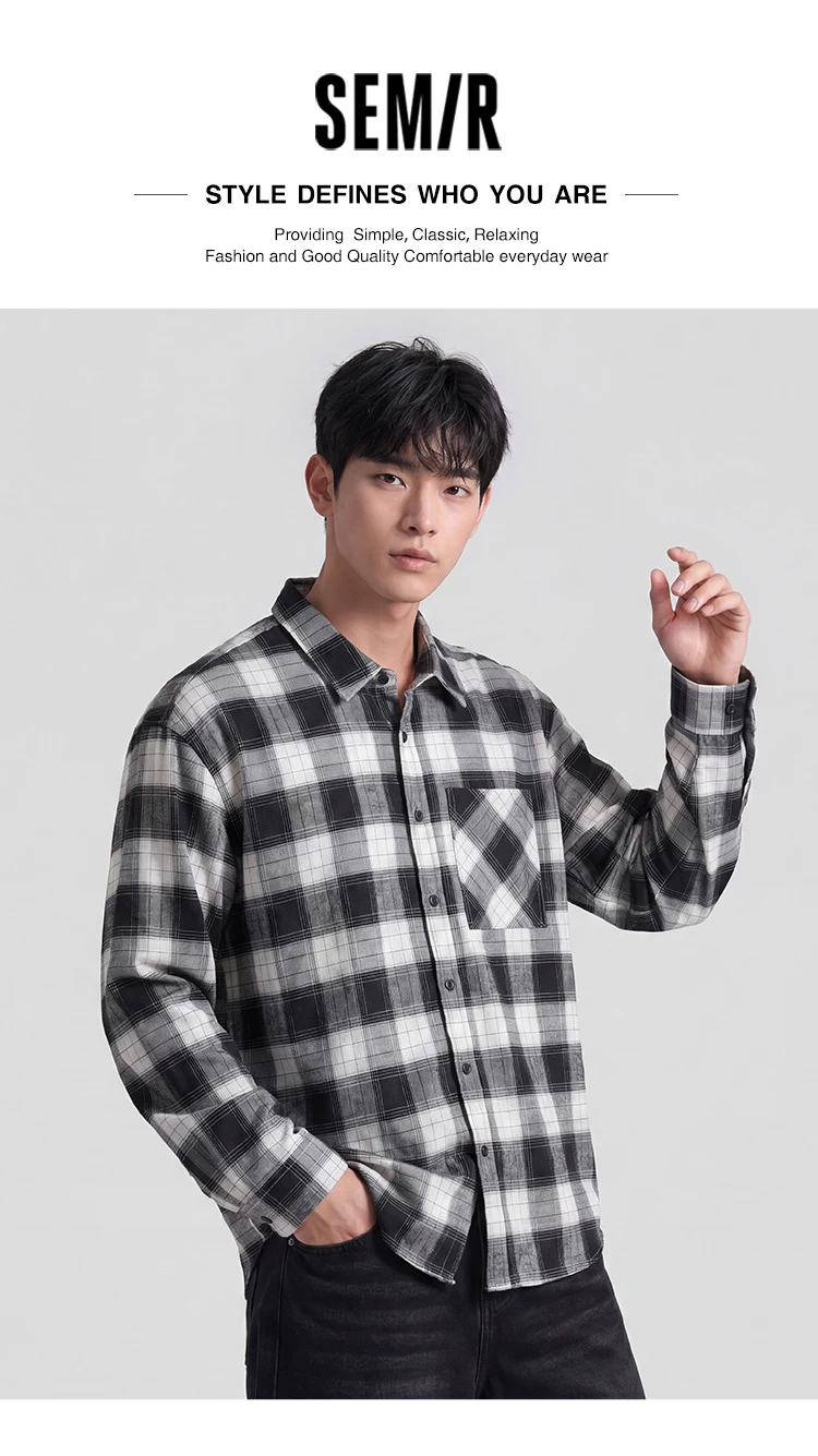 Semir Men Shirt Cotton Plaid Long Sleeve Loose Lapel Pocket Casual Style Comfortable Autumn Blouse Daily Wear 2026
