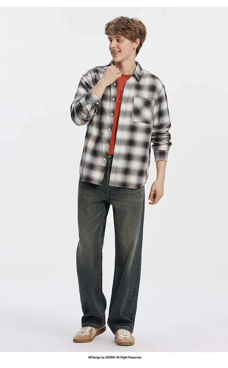 Semir Men Shirt Cotton Plaid Long Sleeve Loose Lapel Pocket Casual Style Comfortable Autumn Blouse Daily Wear 2026