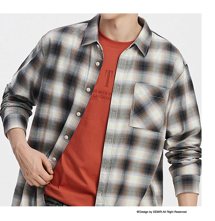 Semir Men Shirt Cotton Plaid Long Sleeve Loose Lapel Pocket Casual Style Comfortable Autumn Blouse Daily Wear 2026
