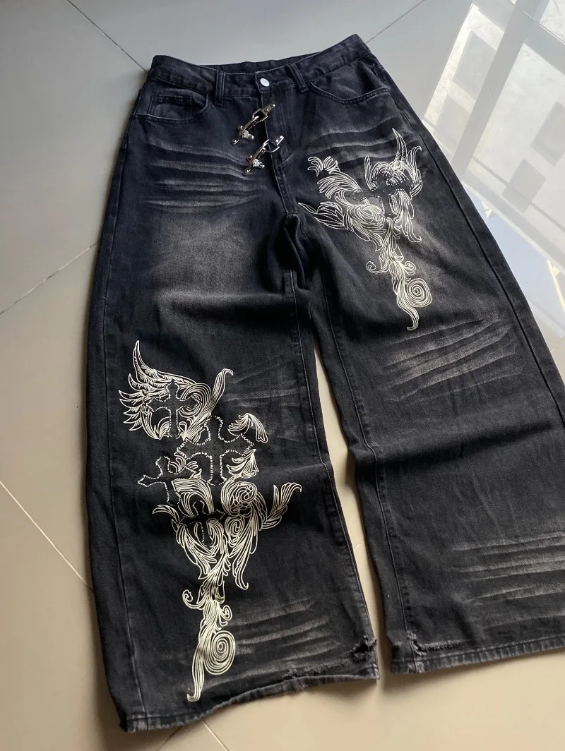 American Y2K Vintage New Pattern Printing Black Baggy Jeans Men Gothic Harajuku Hip Hop Popular Casual Joker Wide-leg Pants