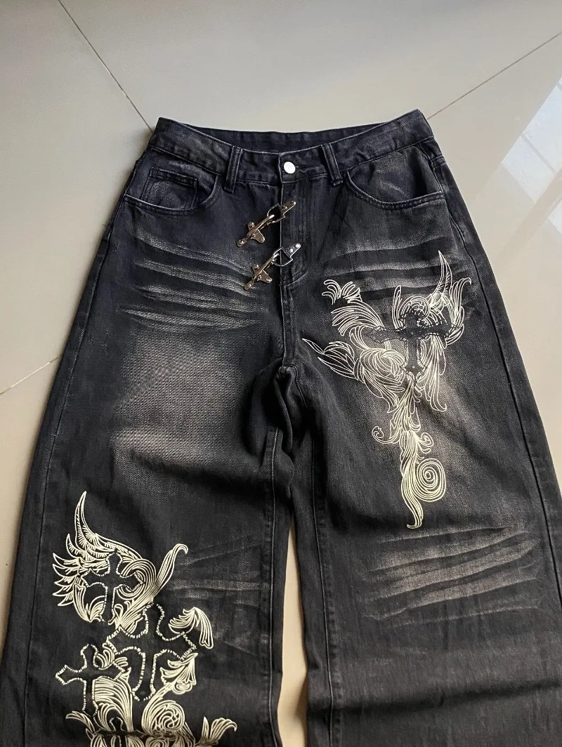 American Y2K Vintage New Pattern Printing Black Baggy Jeans Men Gothic Harajuku Hip Hop Popular Casual Joker Wide-leg Pants