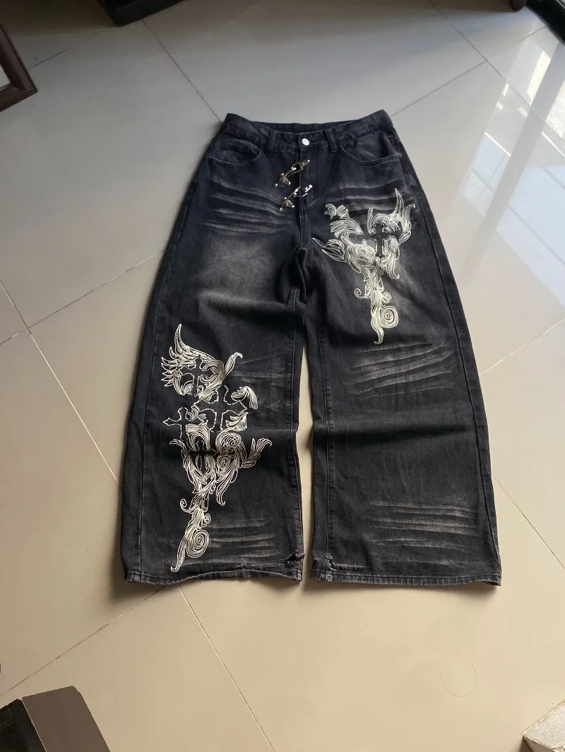 American Y2K Vintage New Pattern Printing Black Baggy Jeans Men Gothic Harajuku Hip Hop Popular Casual Joker Wide-leg Pants
