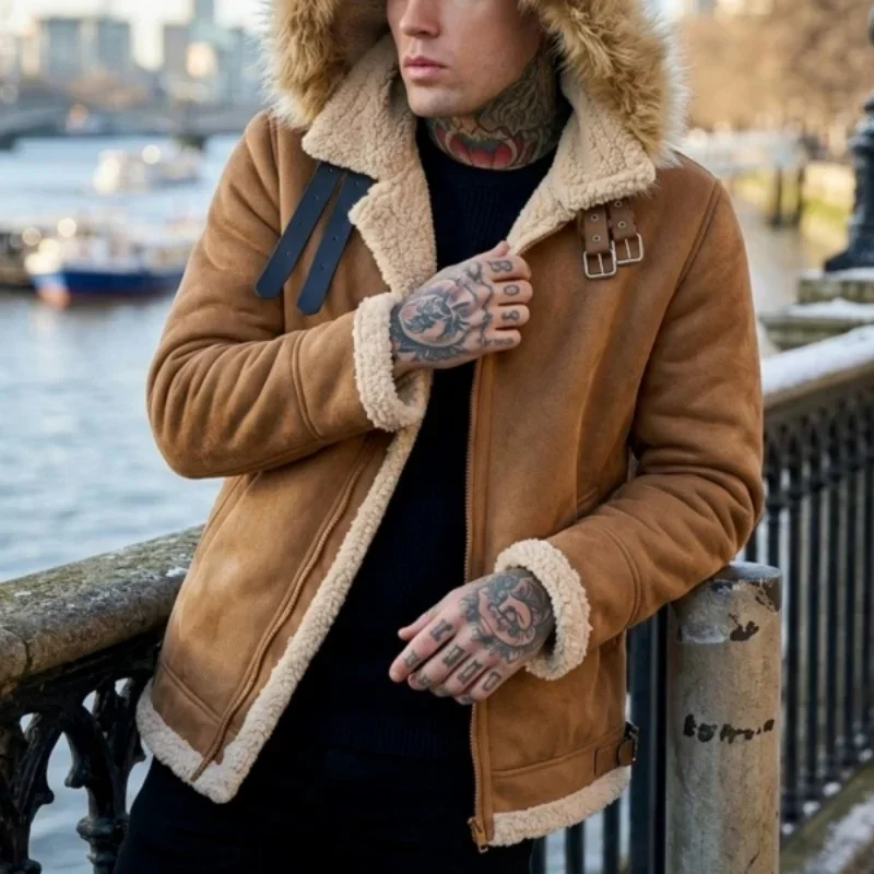 Men's Faux Suede & Sherpa Hooded Jacket | Winter Outdoor Hiking Warm Coat Comfortable Menswear S-5XL Windproof Men's Winter Coat