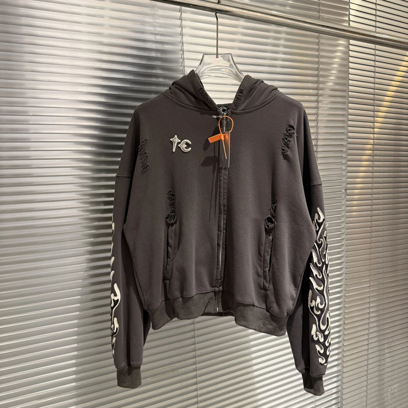 Metal Star Moon Logo Thug Club Embroidery Patch Label Zipper Hoodie Jacket Men Women Casual Wahsed Hole Damaged Loose Pullovers