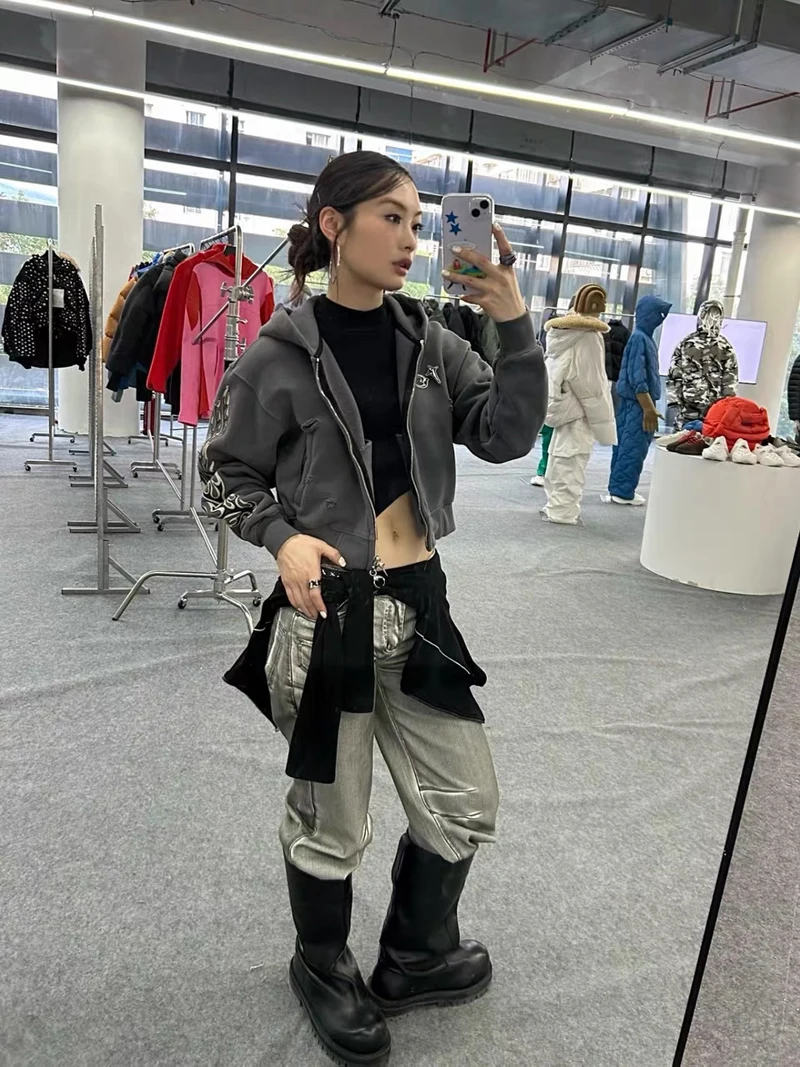 Metal Star Moon Logo Thug Club Embroidery Patch Label Zipper Hoodie Jacket Men Women Casual Wahsed Hole Damaged Loose Pullovers