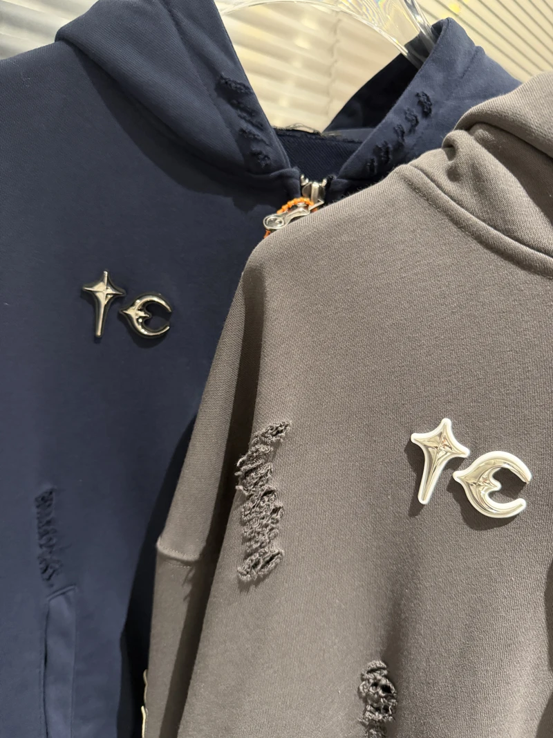 Metal Star Moon Logo Thug Club Embroidery Patch Label Zipper Hoodie Jacket Men Women Casual Wahsed Hole Damaged Loose Pullovers