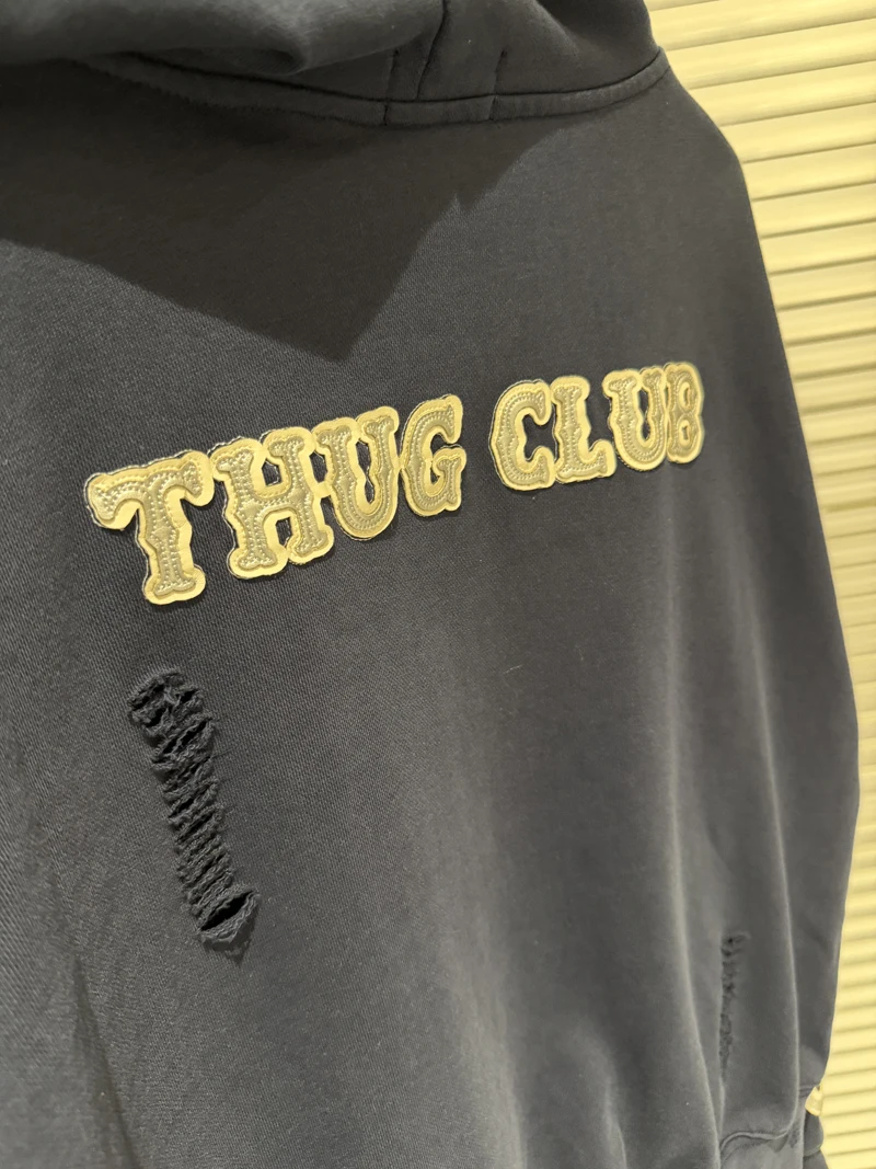 Metal Star Moon Logo Thug Club Embroidery Patch Label Zipper Hoodie Jacket Men Women Casual Wahsed Hole Damaged Loose Pullovers
