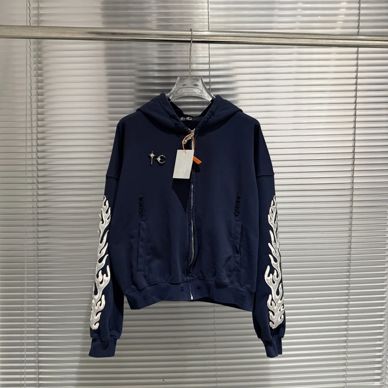 Metal Star Moon Logo Thug Club Embroidery Patch Label Zipper Hoodie Jacket Men Women Casual Wahsed Hole Damaged Loose Pullovers