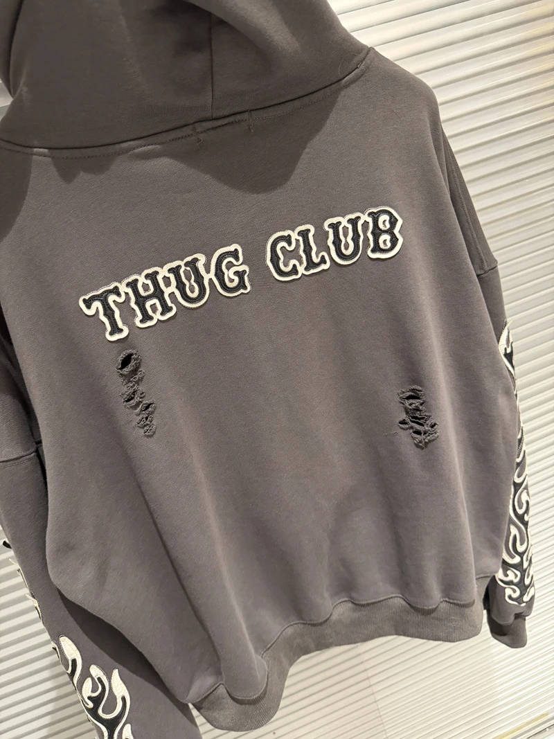 Metal Star Moon Logo Thug Club Embroidery Patch Label Zipper Hoodie Jacket Men Women Casual Wahsed Hole Damaged Loose Pullovers