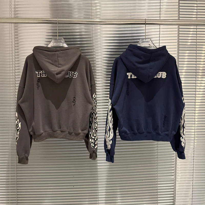 Metal Star Moon Logo Thug Club Embroidery Patch Label Zipper Hoodie Jacket Men Women Casual Wahsed Hole Damaged Loose Pullovers