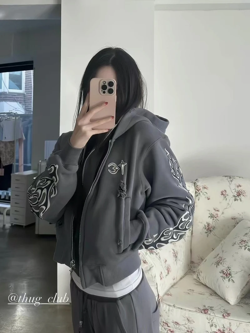 Metal Star Moon Logo Thug Club Embroidery Patch Label Zipper Hoodie Jacket Men Women Casual Wahsed Hole Damaged Loose Pullovers