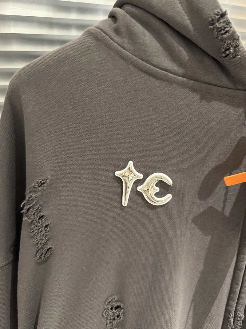 Metal Star Moon Logo Thug Club Embroidery Patch Label Zipper Hoodie Jacket Men Women Casual Wahsed Hole Damaged Loose Pullovers