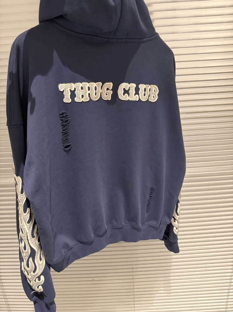 Metal Star Moon Logo Thug Club Embroidery Patch Label Zipper Hoodie Jacket Men Women Casual Wahsed Hole Damaged Loose Pullovers