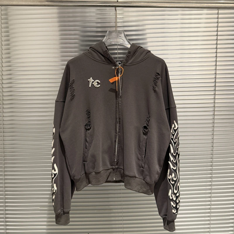 Metal Star Moon Logo Thug Club Embroidery Patch Label Zipper Hoodie Jacket Men Women Casual Wahsed Hole Damaged Loose Pullovers