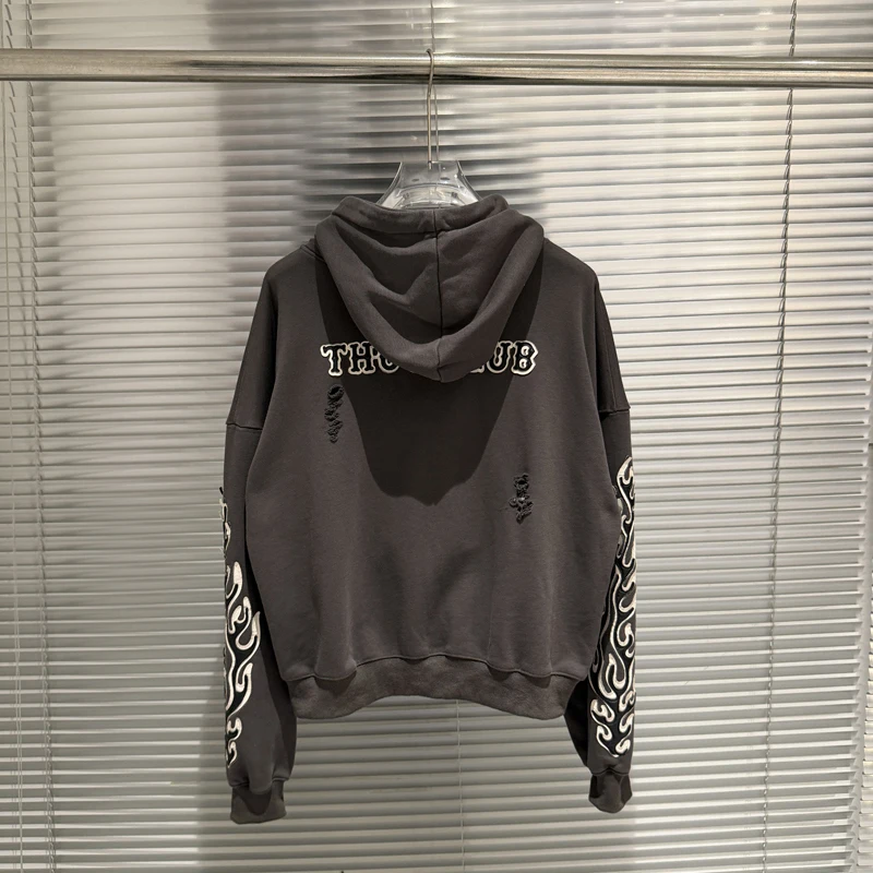 Metal Star Moon Logo Thug Club Embroidery Patch Label Zipper Hoodie Jacket Men Women Casual Wahsed Hole Damaged Loose Pullovers