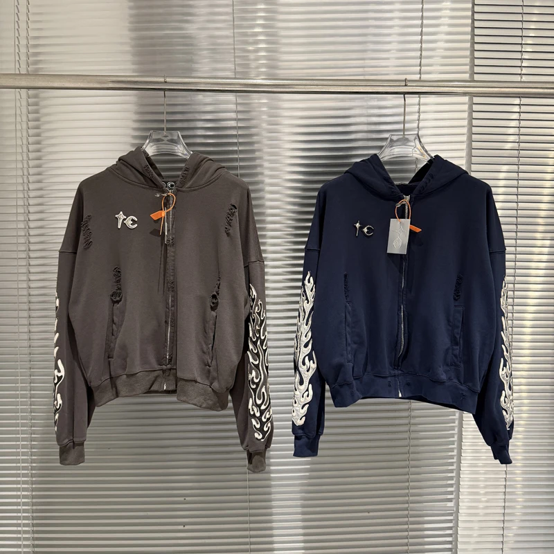 Metal Star Moon Logo Thug Club Embroidery Patch Label Zipper Hoodie Jacket Men Women Casual Wahsed Hole Damaged Loose Pullovers