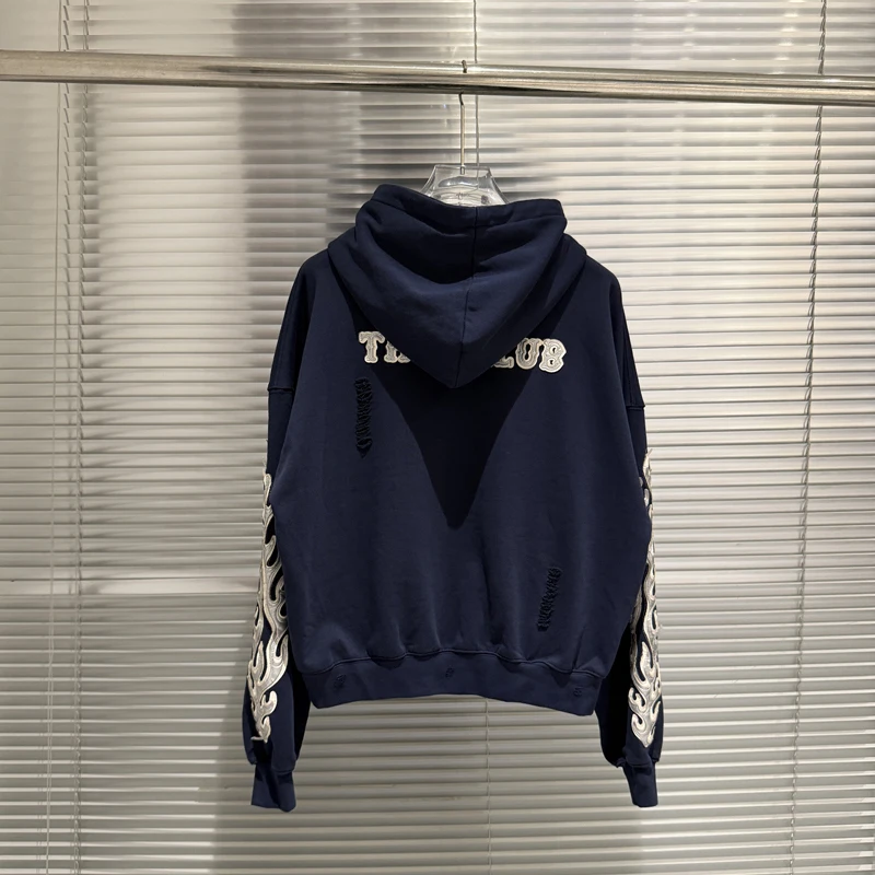 Metal Star Moon Logo Thug Club Embroidery Patch Label Zipper Hoodie Jacket Men Women Casual Wahsed Hole Damaged Loose Pullovers